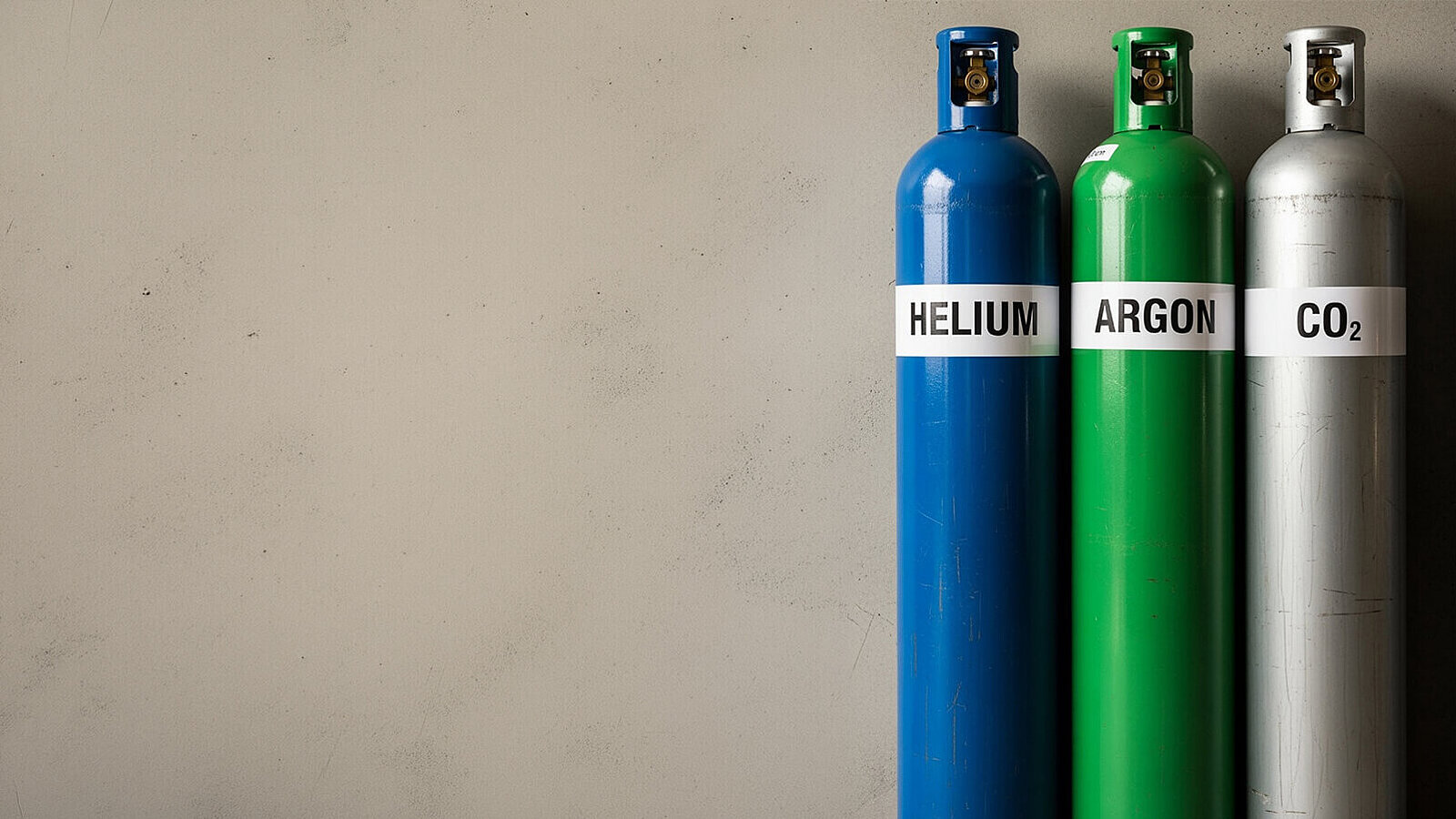 Three gas bottles with carrier gases helium, argon, and CO2