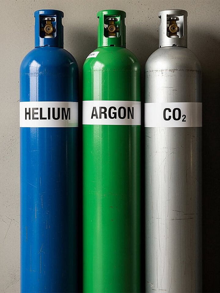 Three gas bottles with carrier gases helium, argon, and CO2