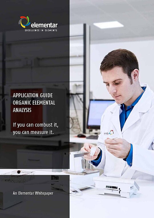 Cover of the organic elemental analysis application guide, incl. a man in the lab, weighing samples