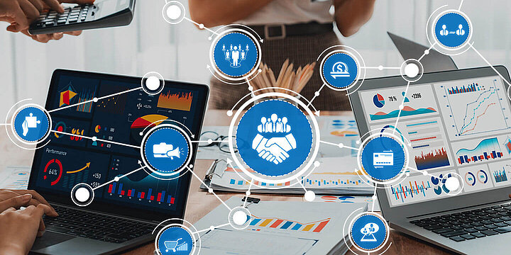 Different graphics that show parts of modern procurement processes