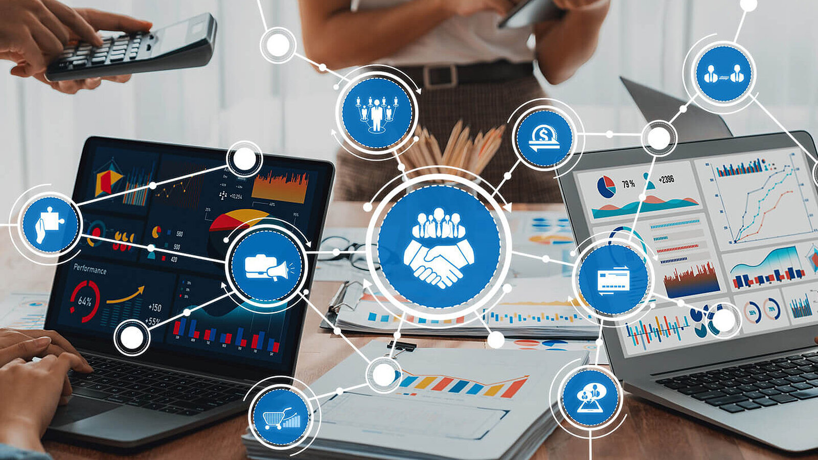 Different graphics that show parts of modern procurement processes