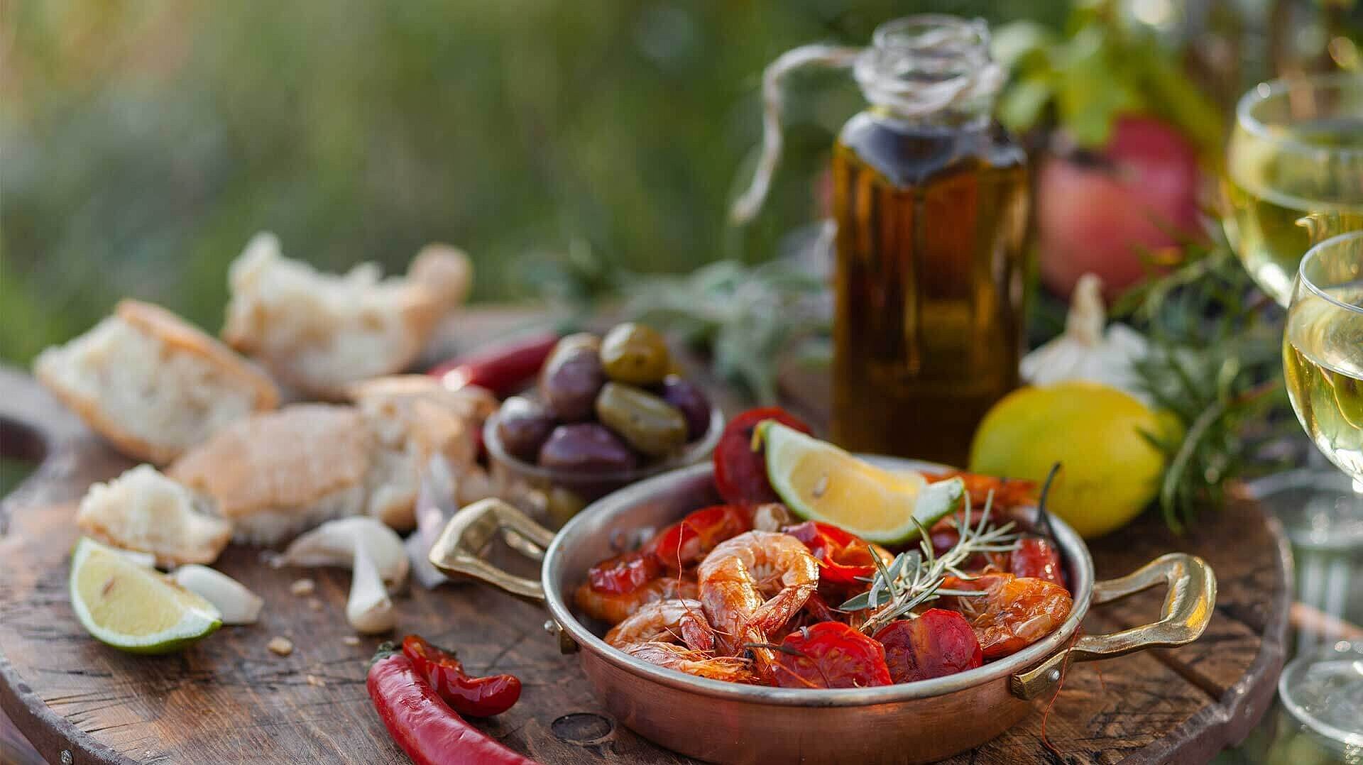Platte mit Garnelen und Olivenöl