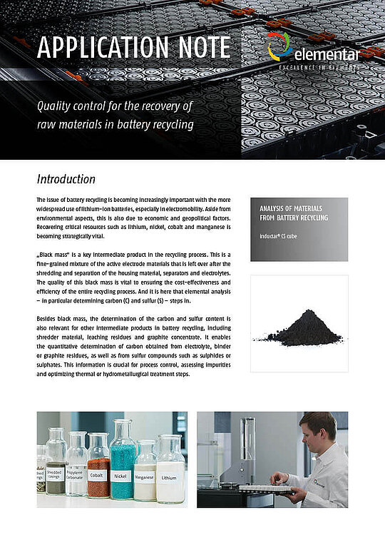 Front page of a document focusing on battery recycling raw material analysis