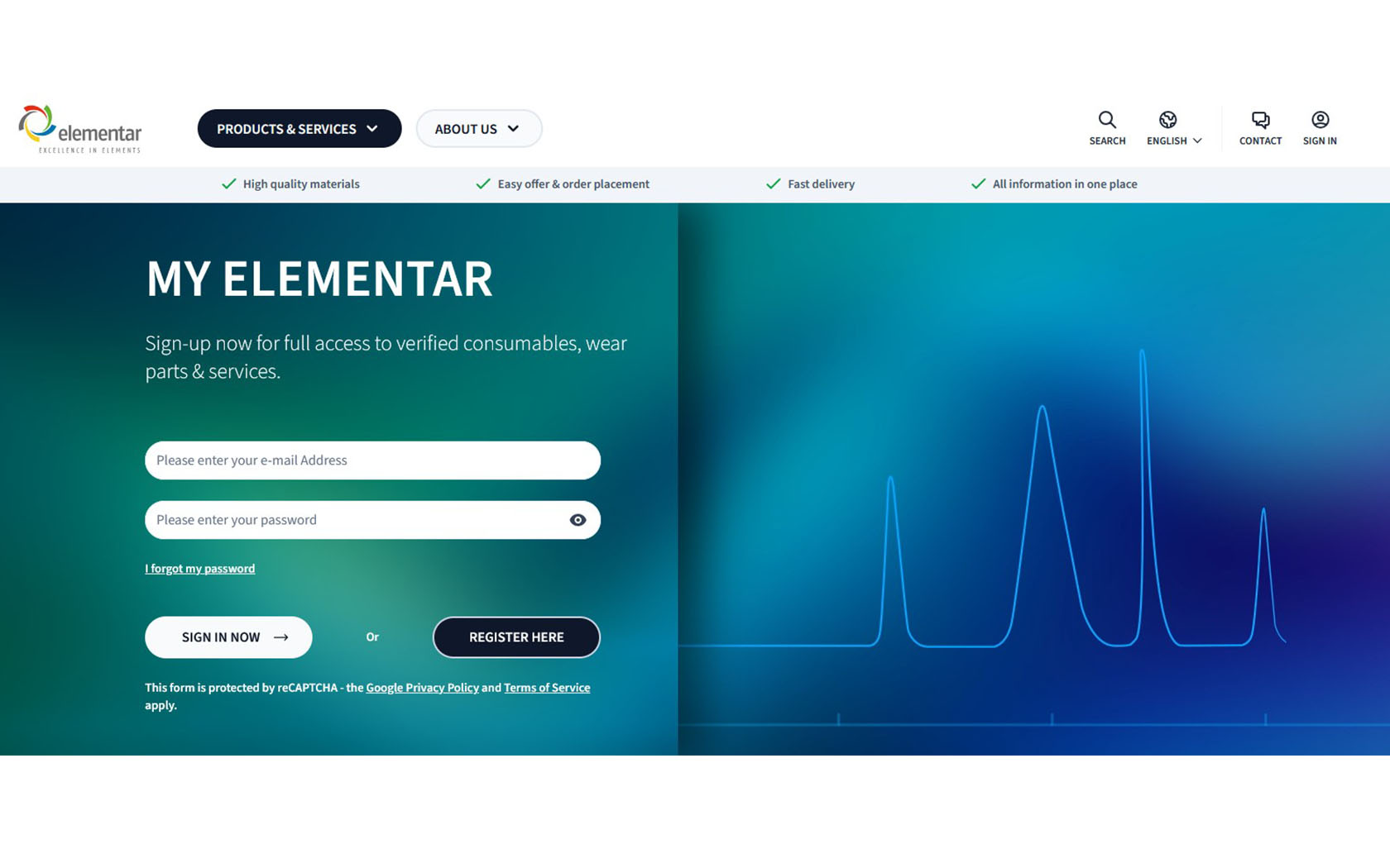 Start screen of a consumables shop with login fields and a picture of an analytical peak